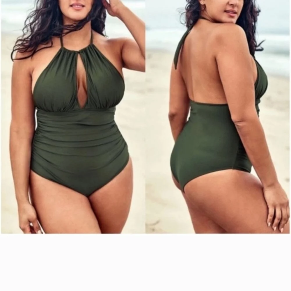 Women's One Piece, Size 1X tummy control, plus swim suit in military green - Picture 2 of 10